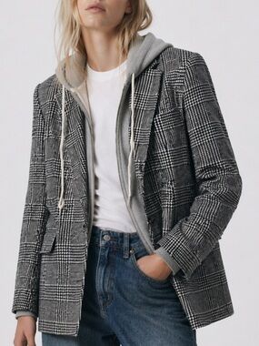 Aqua by Bloomingdale’s Plaid Blazer with Removable Gray Dickey in Black